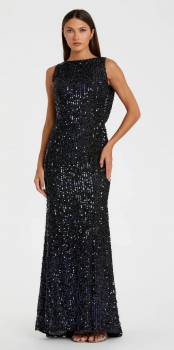 Blue Cowl Back Boat Neck Sequined Evening Gown