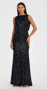 Blue Cowl Back Boat Neck Sequined Evening Gown